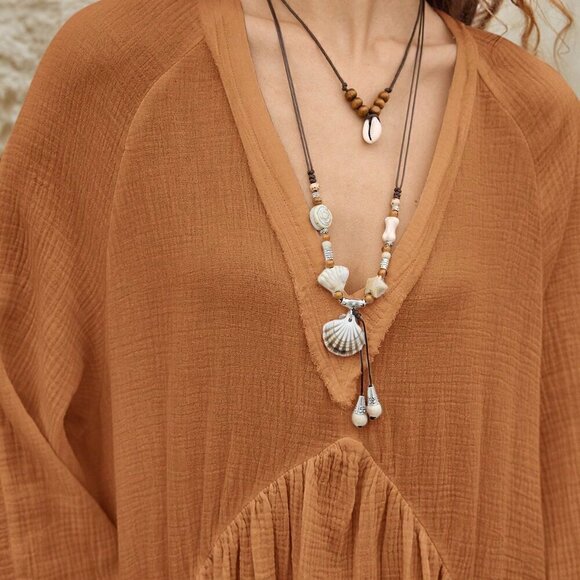 Khaki Boho Women's Lantern Sleeve Back Tie-Up Dress Clothing - Picture 4 of 8